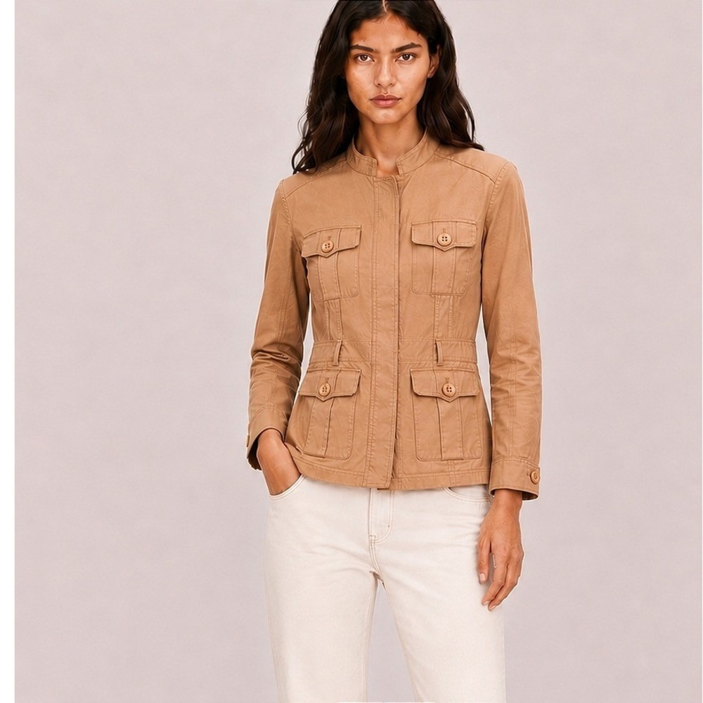 Anne Klein Suit Tan Safari Utility Jacket Mandarin Collar Khaki Cotton Size 4